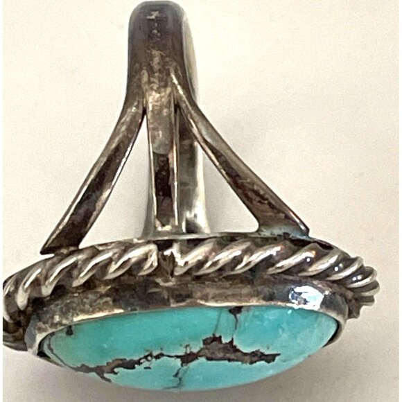 Navajo Silver Turquoise Oval Ring Twisted Rope Native American Size 7 Vintage - Picture 3 of 8